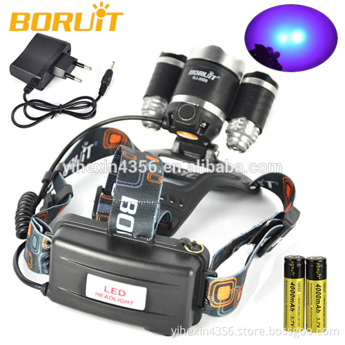 BORUIT RJ-3000 Purple Light Rechargeable LED Headlamp with Battery / Charger